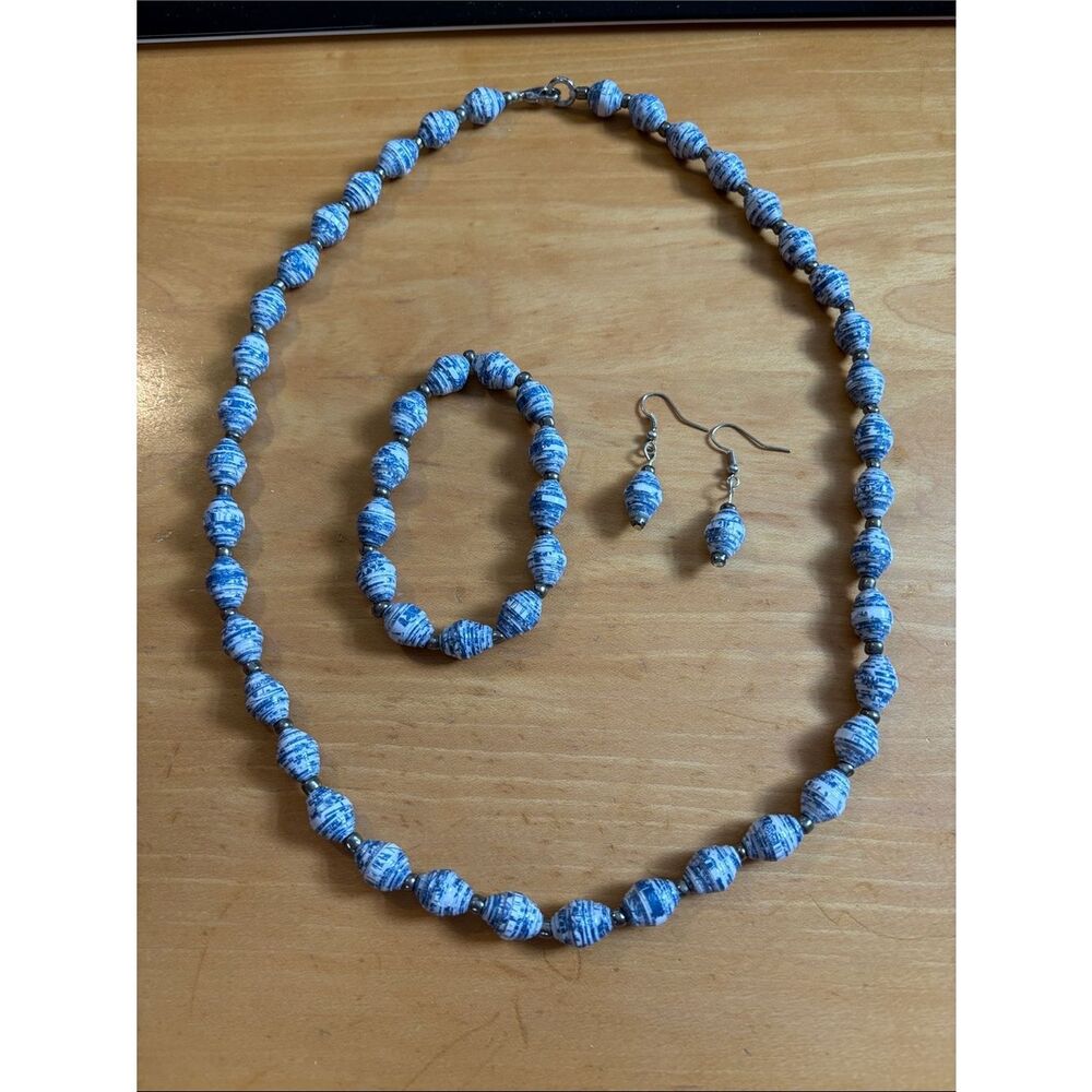 Handmade Blue Paper Bead Necklace, Bracelet & Earrings Set